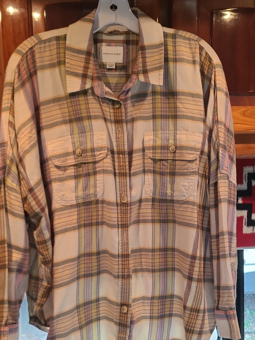 American Eagle Outfitters Beige and Pink Soft Flannel Button-Down Shirt